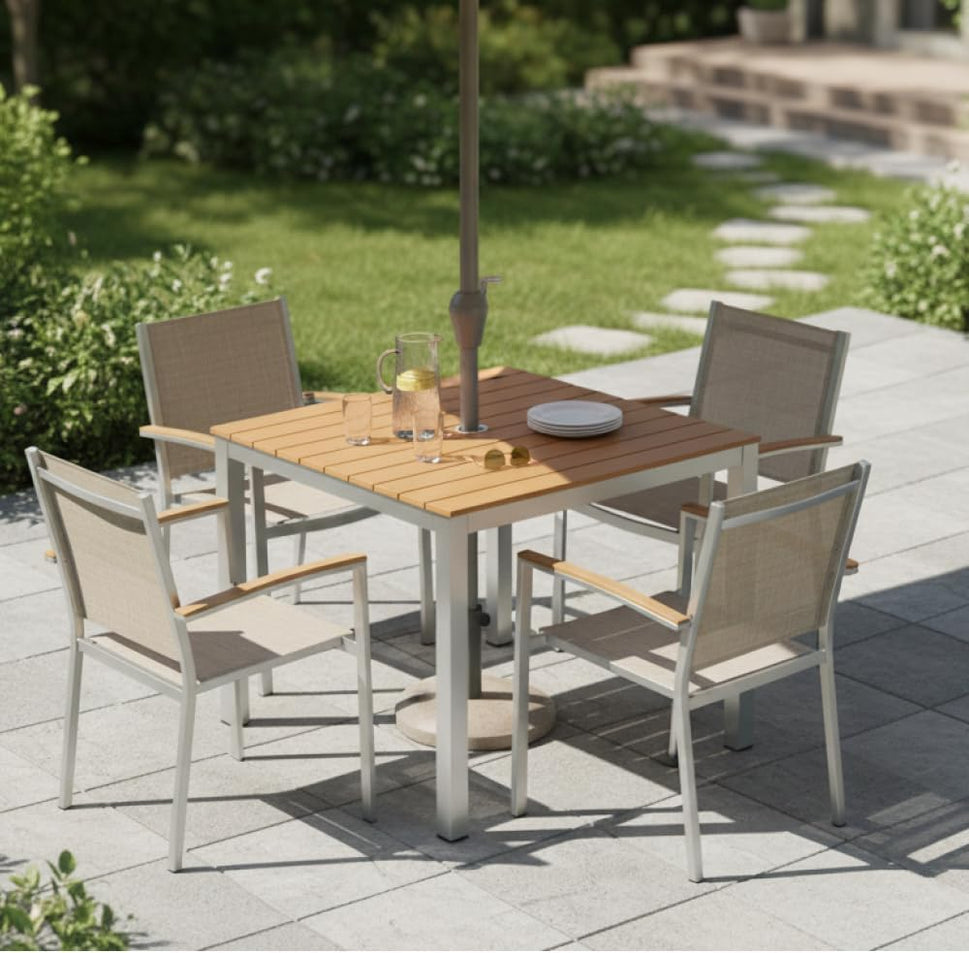 Teak Outdoor Dining Table – Aluminum Frame with Teak-Look Plastic Wood Slats (35.4" x 35.4")
