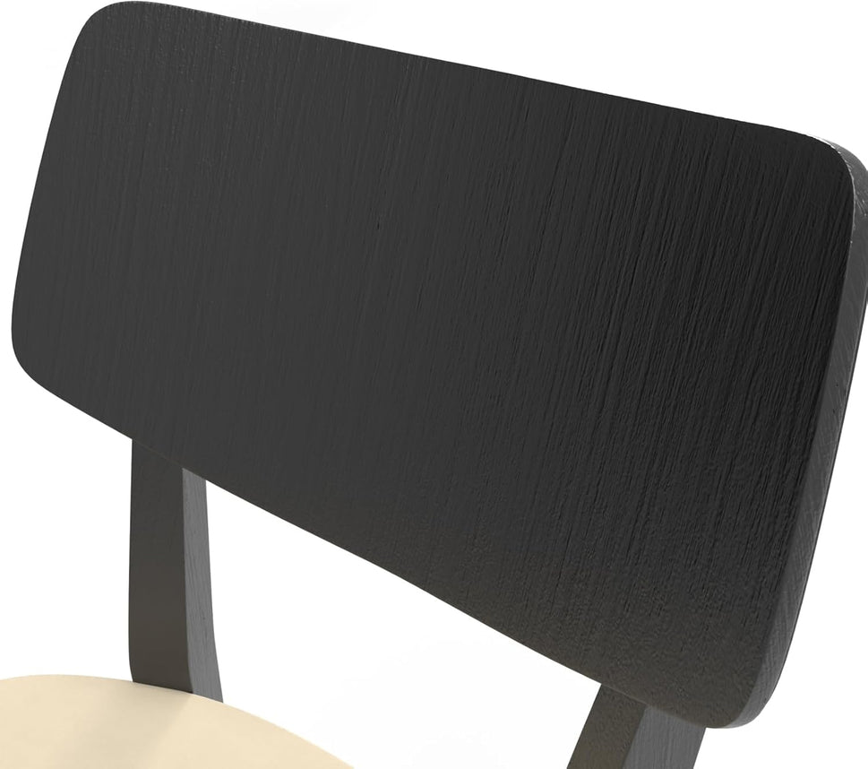 Set of 2 Black Rectangular-Back Wood Dining Chair with Cream PU Upholstery