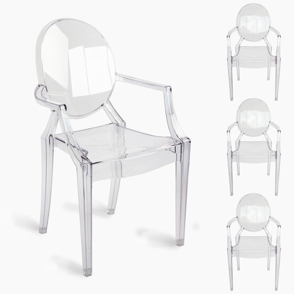 Set of 4 Clear Circle Back with Armrest Ghost Chairs, Modern Transparent Side Chairs, Stackable Dining Room Restaurant Chairs for Events, Weddings, Banquets