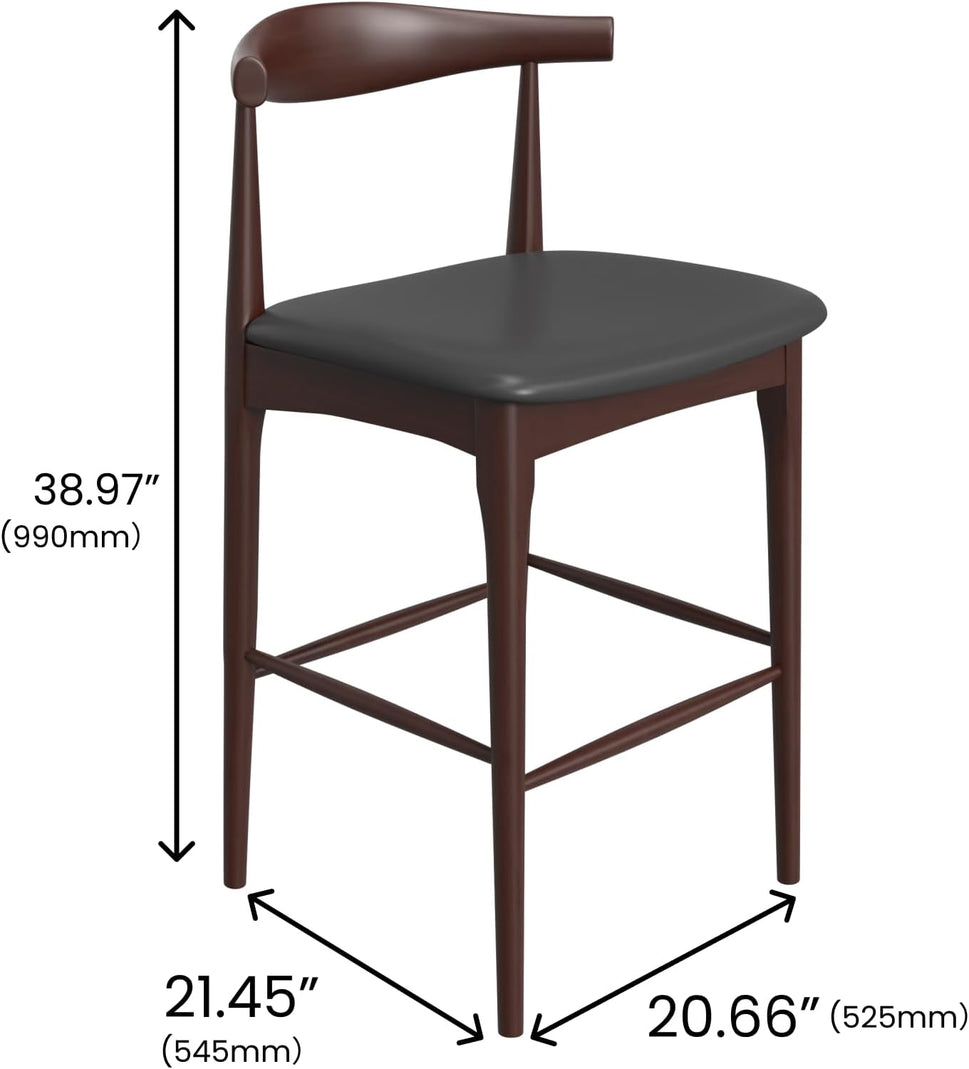 Set of 2 Wooden Elbow Barstool with Black PU Upholstered Seat
