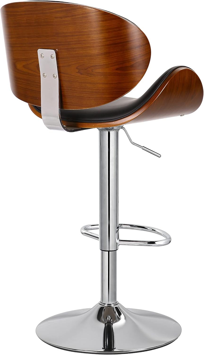 Set of 2 Curved Wood Bar Stools with Metal Base and PU Leather Upholstery, Silver and Black Metal Base Options