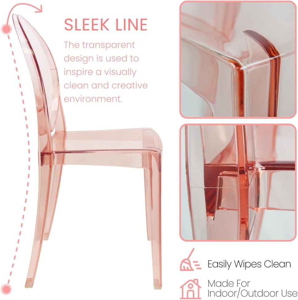 Set of 4 Pink Clear Ghost Chairs, Modern Transparent Accent Side Chairs, Stackable Dining Room Restaurant Chairs for Events, Weddings, Banquets