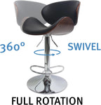 Set of 2 Curved Wood Bar Stools with Metal Base and PU Leather Upholstery, Silver and Black Metal Base Options