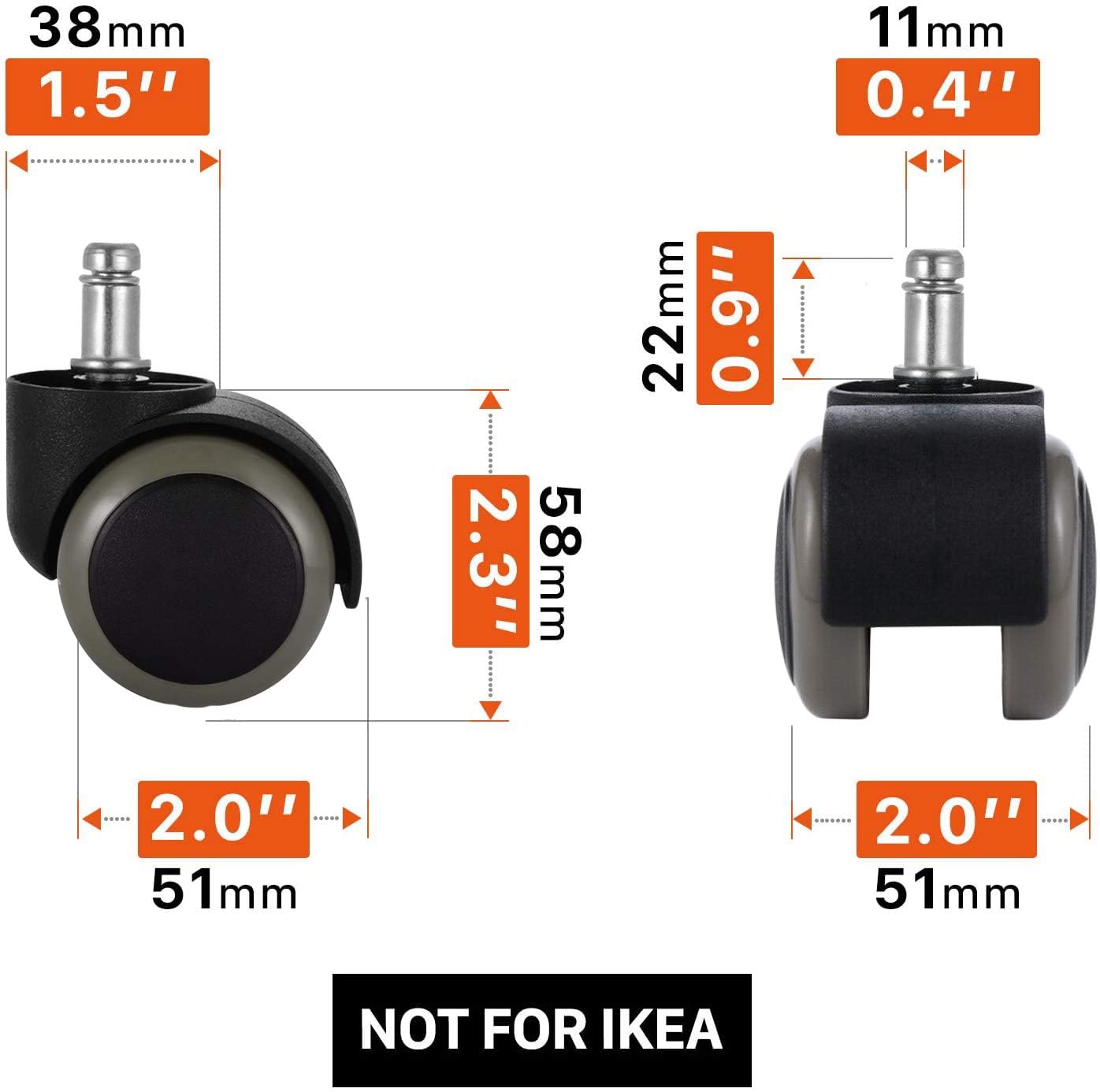 (10MM and 11MM Stem Options) 2 Inch Office Chair Casters (Set of 5), Wheel Replacements, Heavy-Duty Rubber Caster Wheels