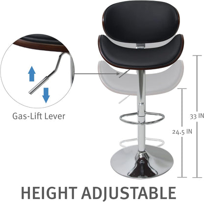 Set of 2 Curved Wood Bar Stools with Metal Base and PU Leather Upholstery, Silver and Black Metal Base Options