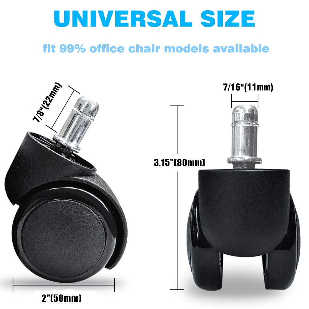 (10MM and 11MM Stem Options) FOH 5PCS 2" Office Chair Casters - Heavy Duty Swivel Wheels for All Floors (Black)