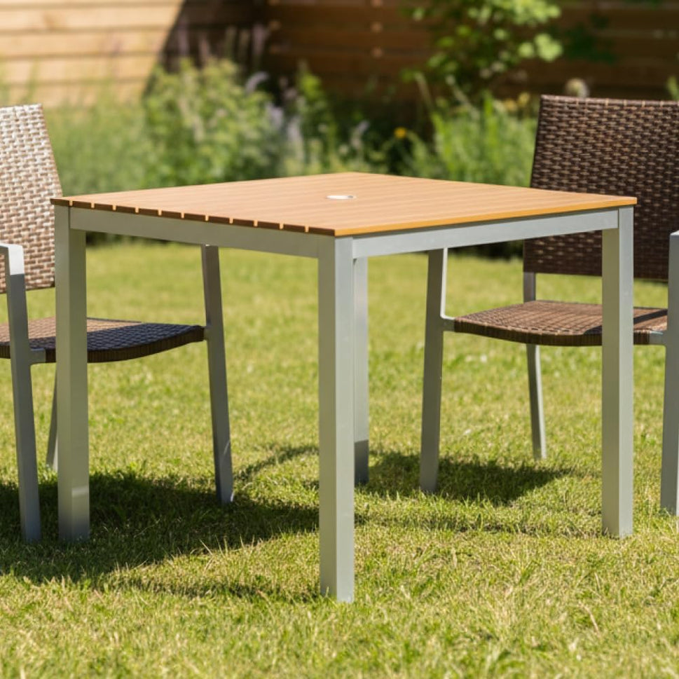 Teak Outdoor Dining Table – Aluminum Frame with Teak-Look Plastic Wood Slats (35.4" x 35.4")