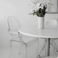 Set of 4 Clear Circle Back with Armrest Ghost Chairs, Modern Transparent Side Chairs, Stackable Dining Room Restaurant Chairs for Events, Weddings, Banquets