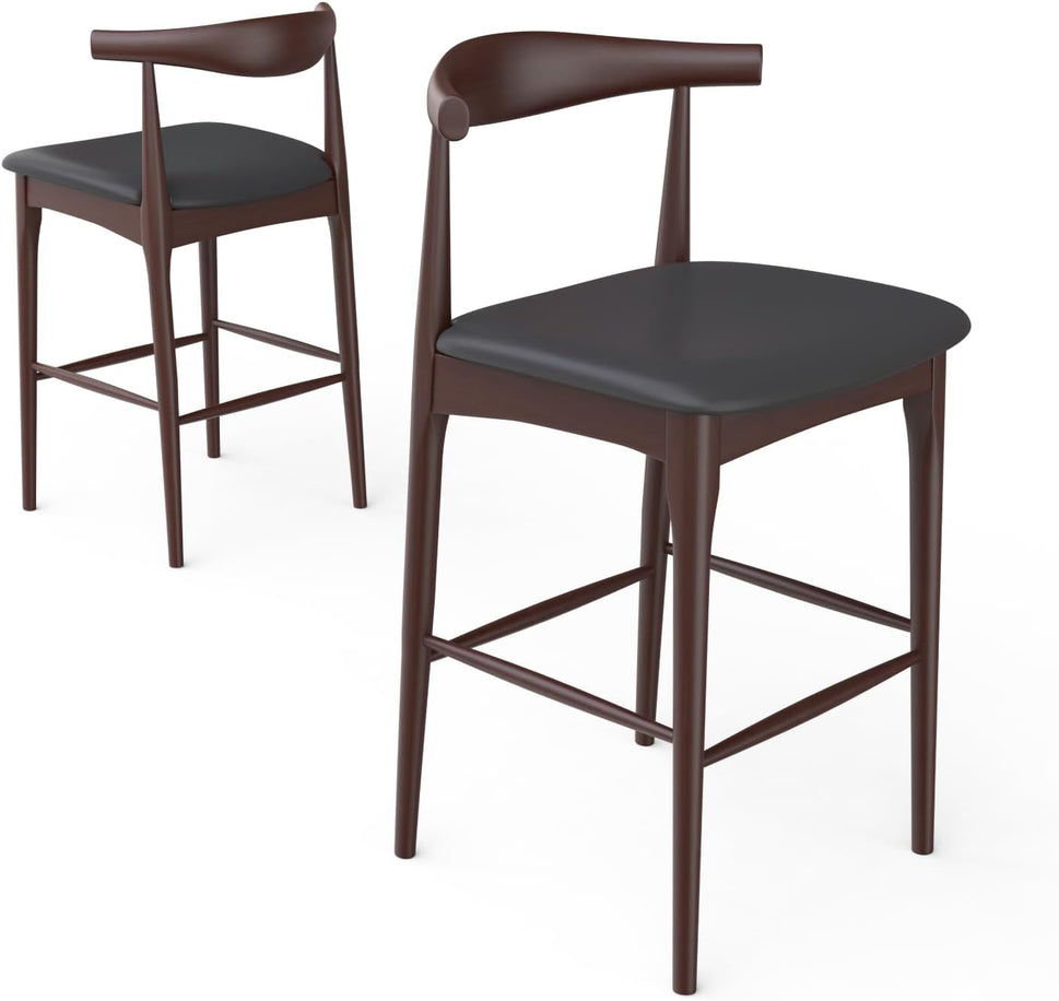 Set of 2 Wooden Elbow Barstool with Black PU Upholstered Seat