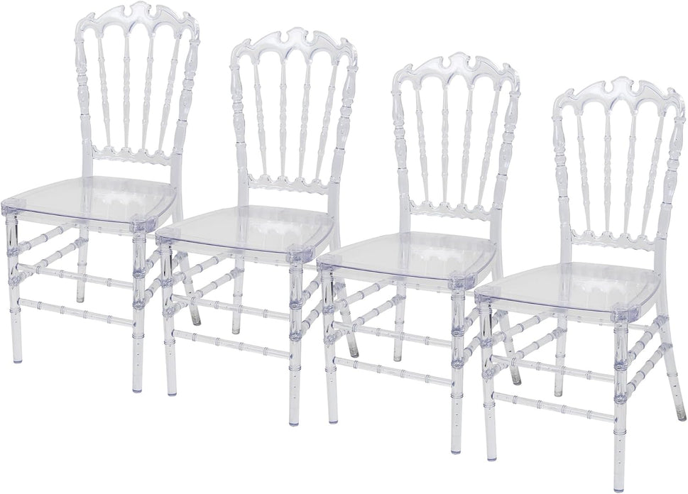 Set of 4 Clear Crystal Acrylic Chairs, Transparent Stacking Chiavari Dining Chairs for Weddings, Banquets, Events (Napoleon, Clear)