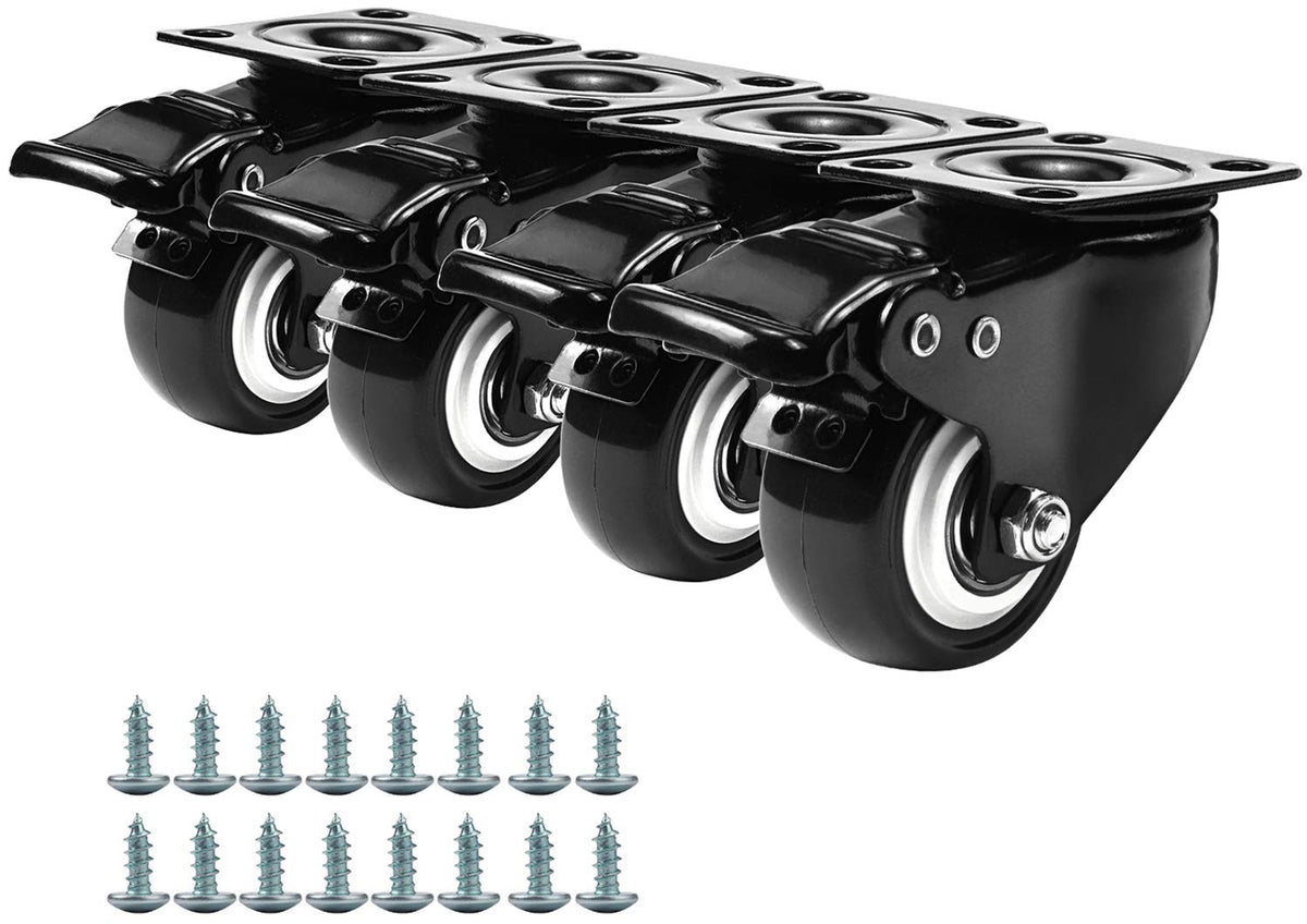2" Swivel Plate Caster Wheels with Dual Brake (Set of 4) - Heavy Duty PVC, 360° Steering