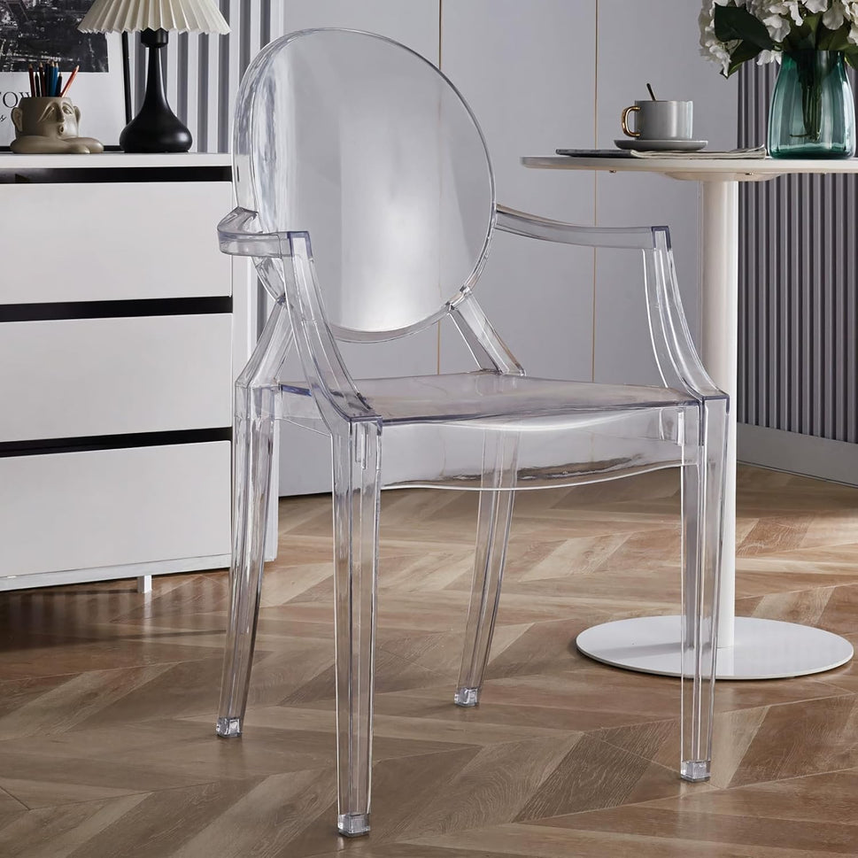 Set of 4 Clear Circle Back with Armrest Ghost Chairs, Modern Transparent Side Chairs, Stackable Dining Room Restaurant Chairs for Events, Weddings, Banquets