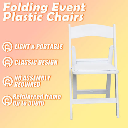 Set of 4 White Folding Chair with Vinyl Seat, Resin Stackable Dining Chairs for Weddings, Parties, Church, Kitchen, Events Banquet