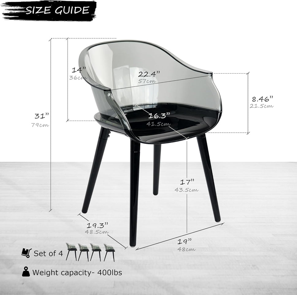 Set of 4 Modern Translucent Smoky Black PC Dining Chairs, Clear Dining Room Chair, Translucent Dining Chair with Solid Black Seat and Legs for Living Room Cafe Bar