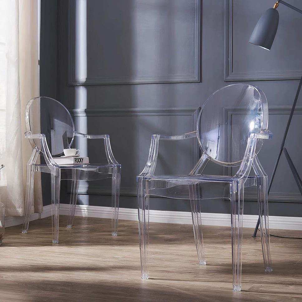 Set of 4 Clear Circle Back with Armrest Ghost Chairs, Modern Transparent Side Chairs, Stackable Dining Room Restaurant Chairs for Events, Weddings, Banquets