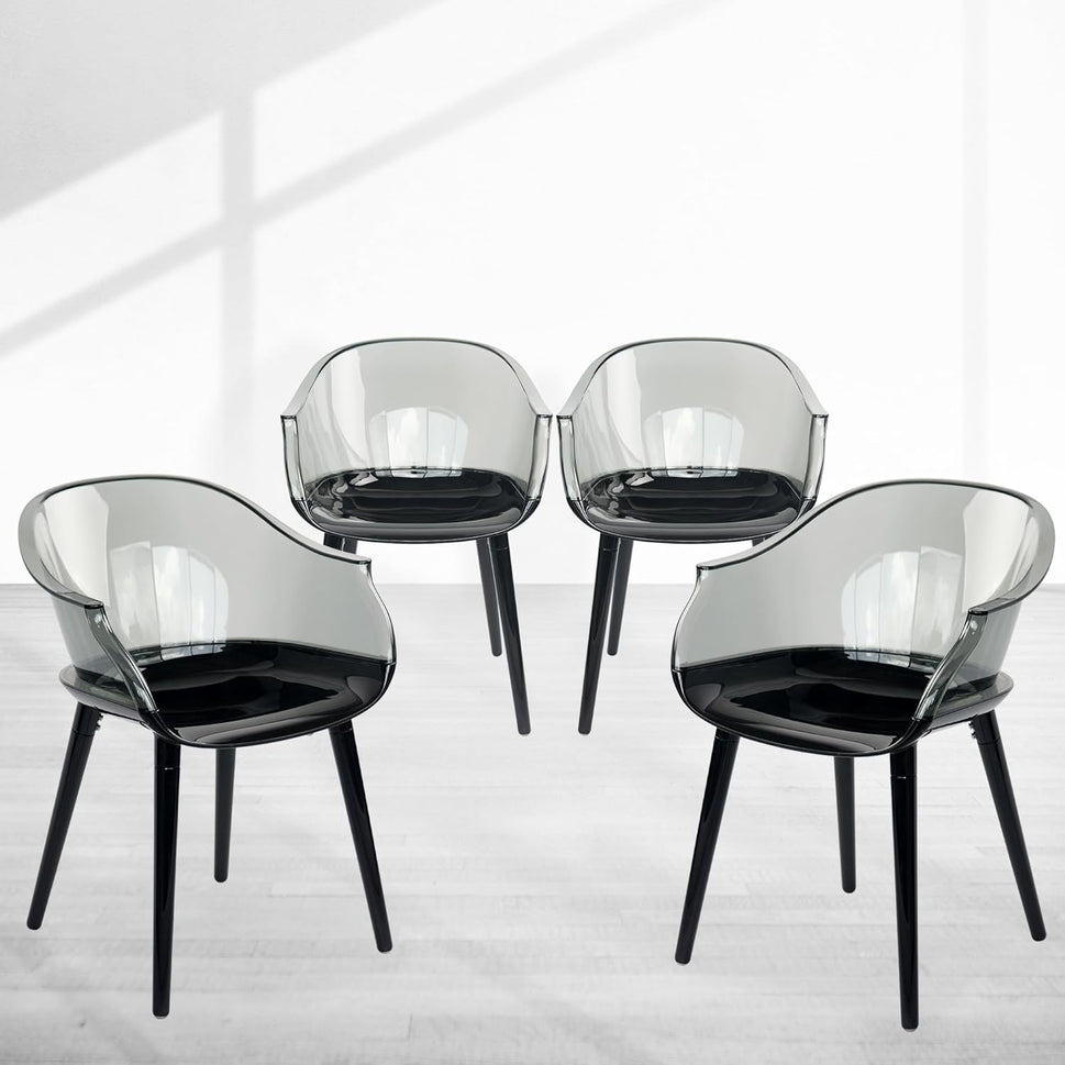 Set of 4 Modern Translucent Smoky Black PC Dining Chairs, Clear Dining Room Chair, Translucent Dining Chair with Solid Black Seat and Legs for Living Room Cafe Bar