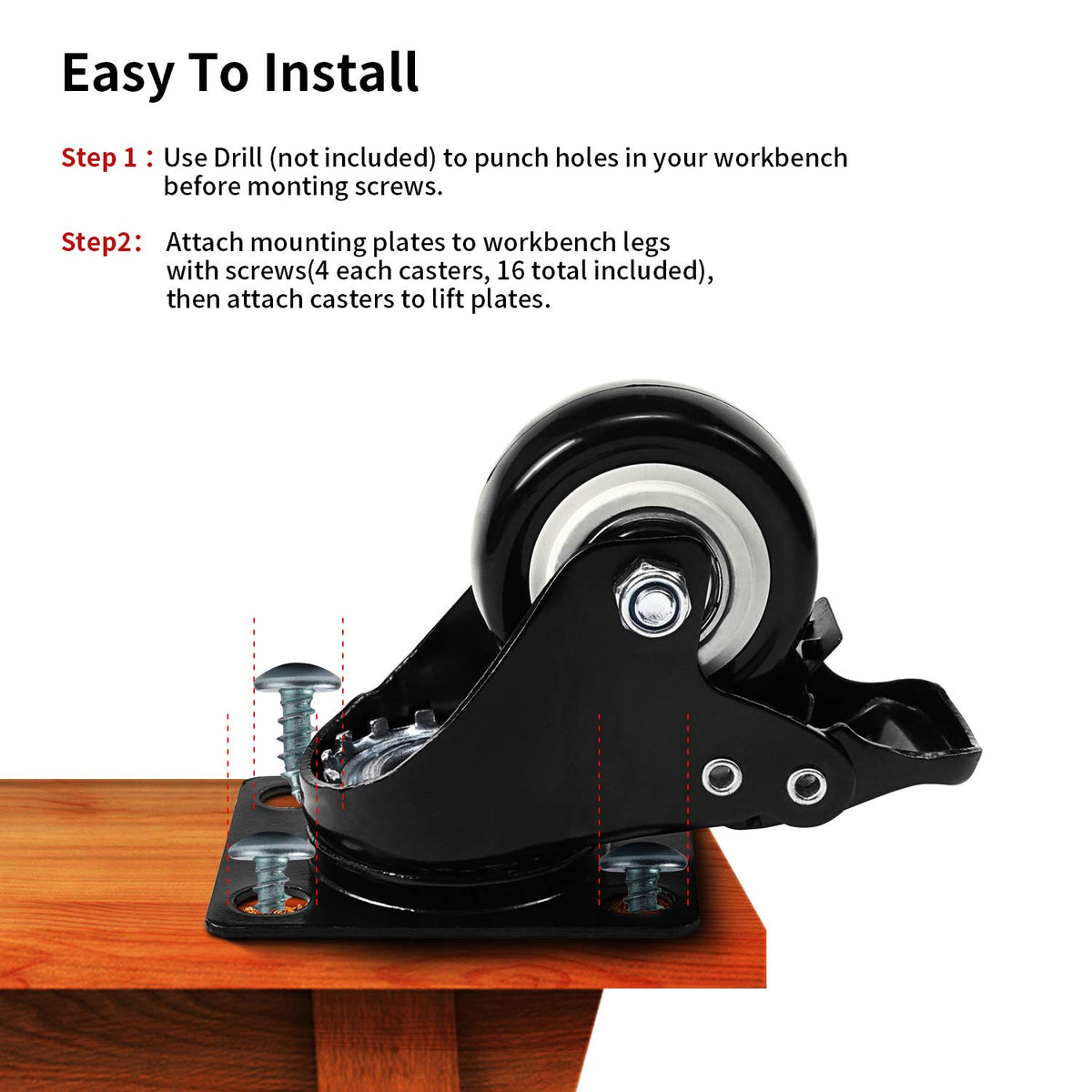 2" Swivel Plate Caster Wheels with Dual Brake (Set of 4) - Heavy Duty PVC, 360° Steering