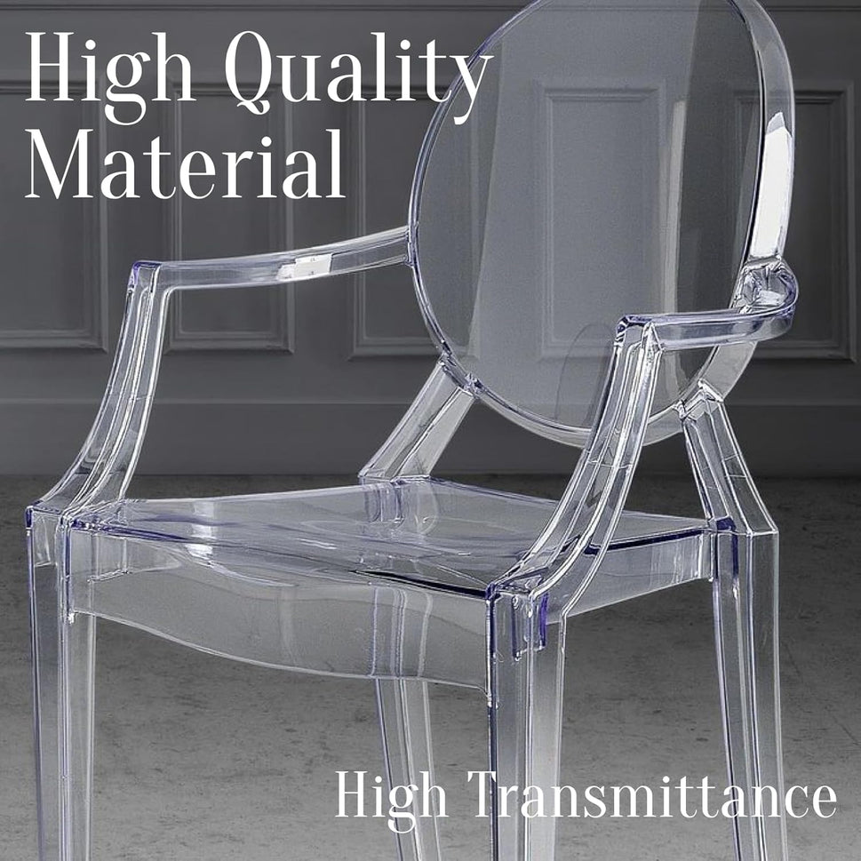 Set of 4 Clear Circle Back with Armrest Ghost Chairs, Modern Transparent Side Chairs, Stackable Dining Room Restaurant Chairs for Events, Weddings, Banquets