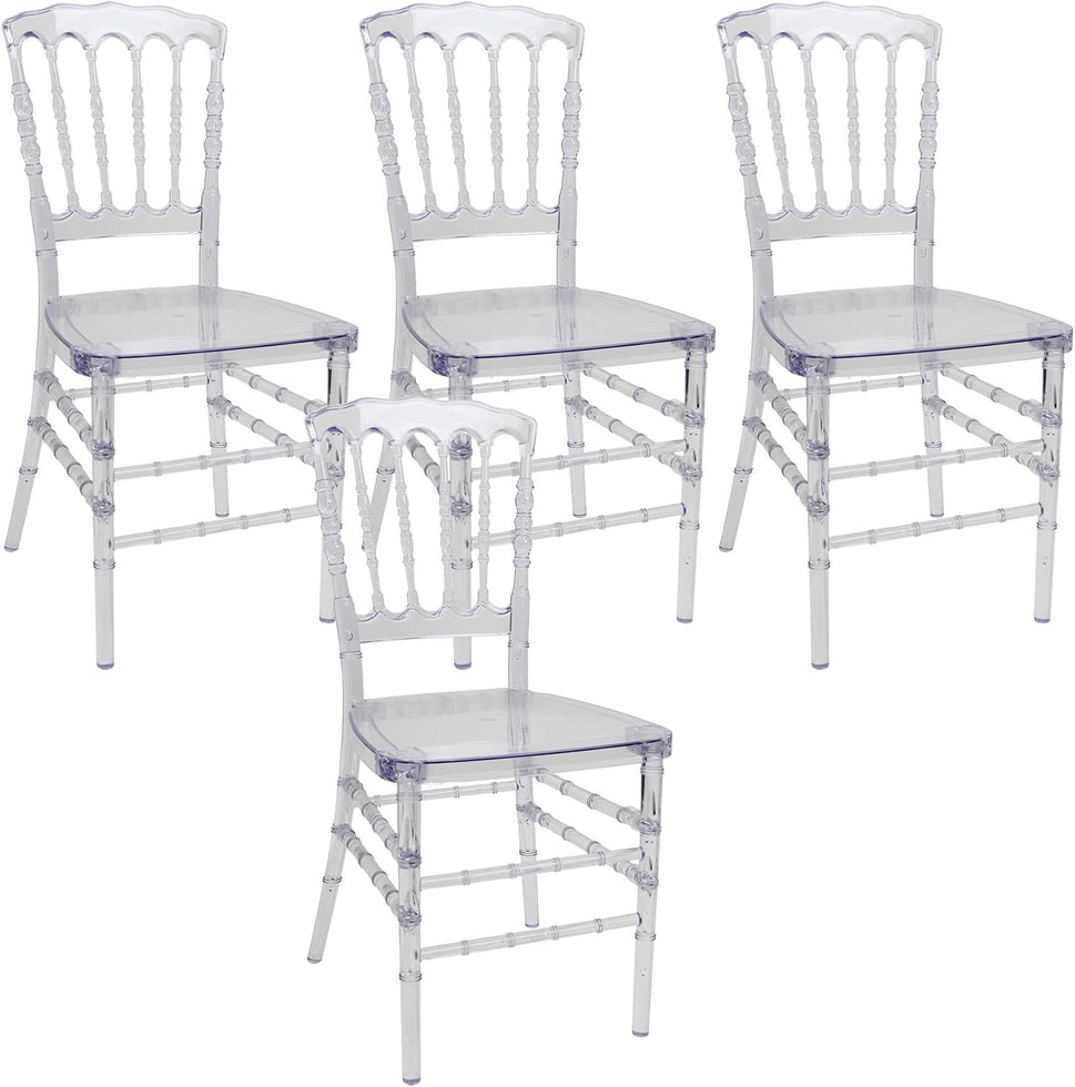 Set of 4 Clear Crystal Acrylic Chairs, Transparent Stacking Chiavari Dining Chairs for Weddings, Banquets, Events (Napoleon, Clear)