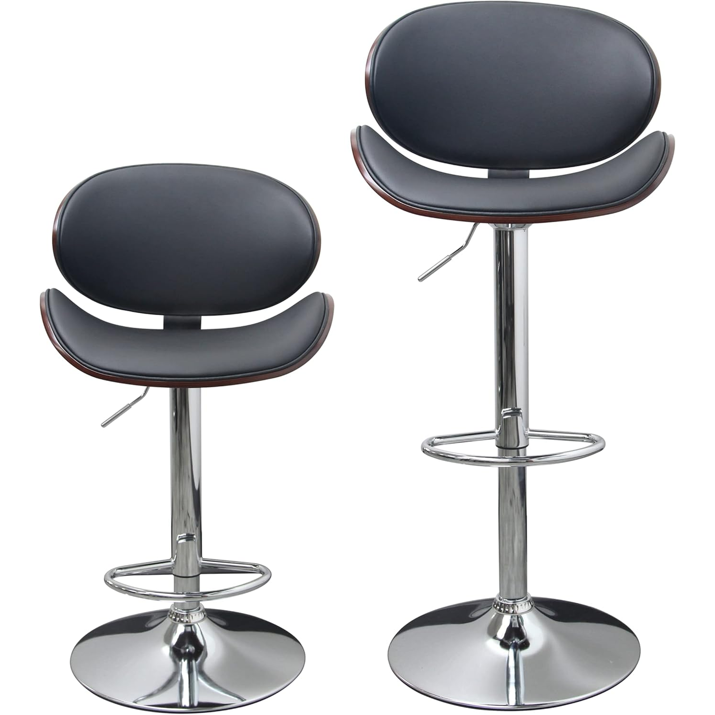 Set of 2 Curved Wood Bar Stools with Metal Base and PU Leather Upholstery, Silver and Black Metal Base Options