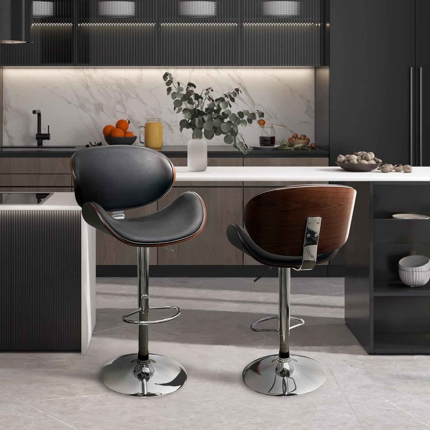 Set of 2 Curved Wood Bar Stools with Metal Base and PU Leather Upholstery, Silver and Black Metal Base Options