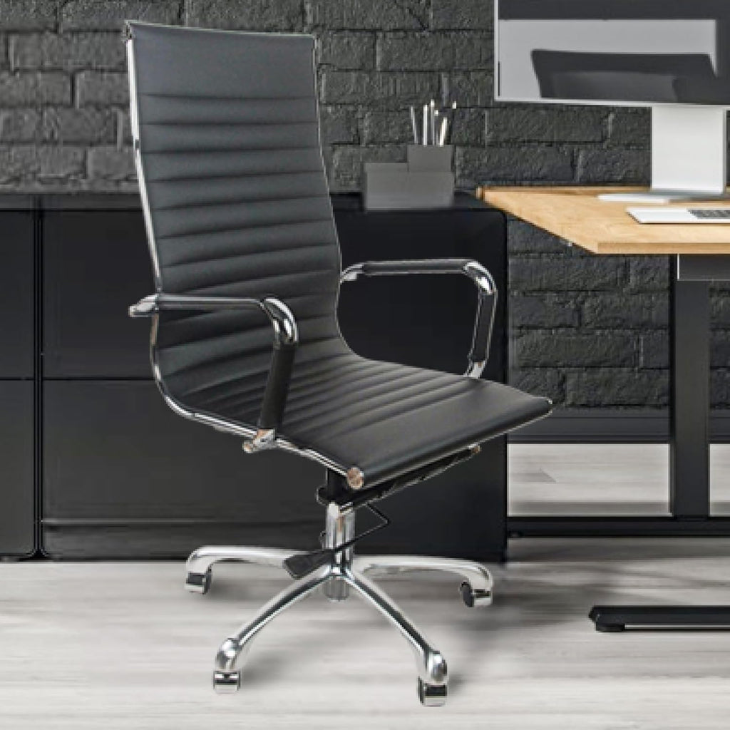 High Back PU Leather Executive Office Desk Chair Leather Height Adjustable Swivel Ribbed Ergonomic Conference Task Chair