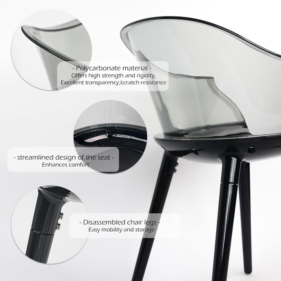 Set of 4 Modern Translucent Smoky Black PC Dining Chairs, Clear Dining Room Chair, Translucent Dining Chair with Solid Black Seat and Legs for Living Room Cafe Bar