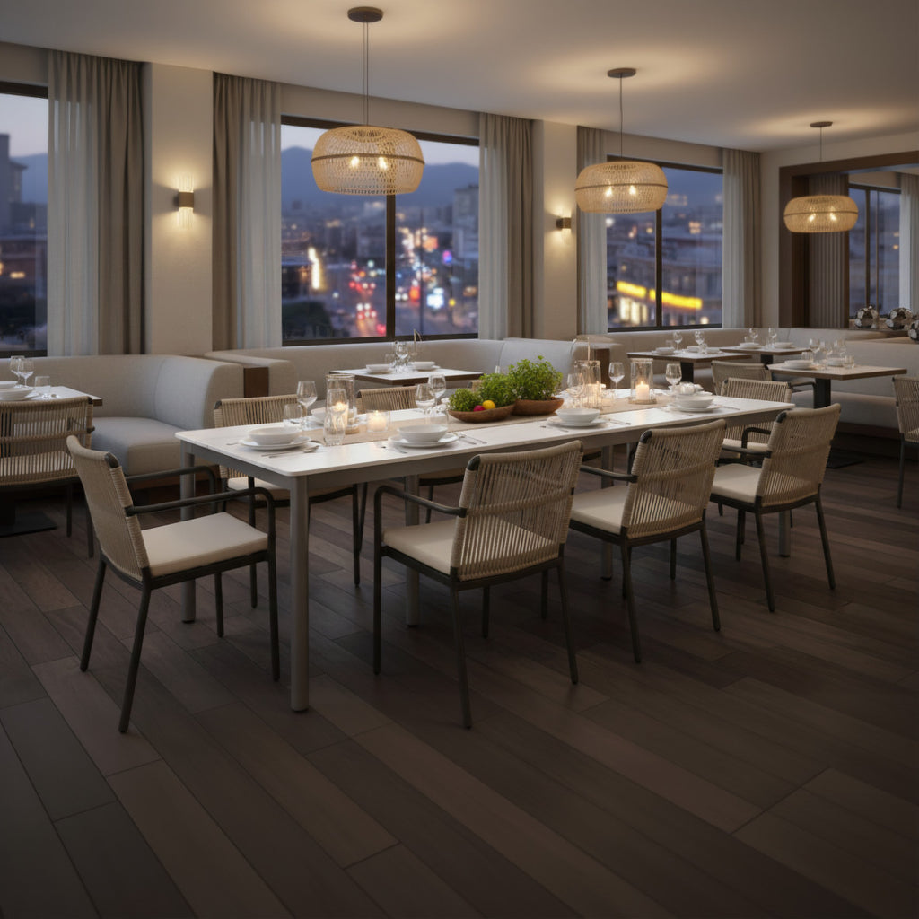 Indoor/Outdoor Stone Slab Dining Table – Matte Snow White & Silver Gray