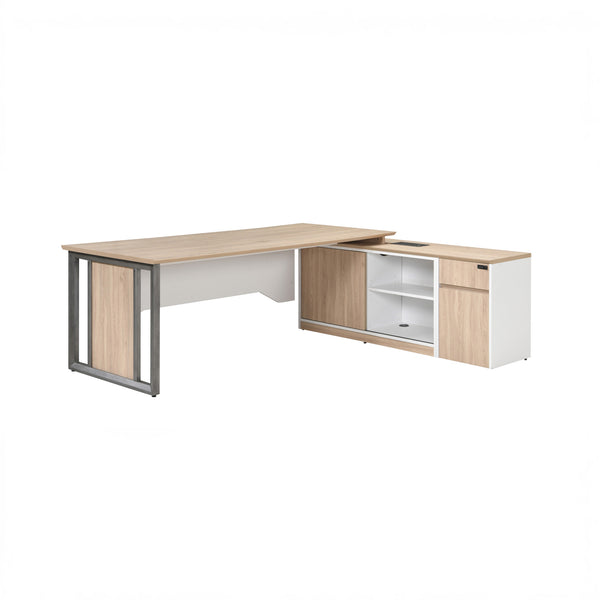 Modern L-Shaped Executive Desk with Integrated Storage – Wood & White Finish