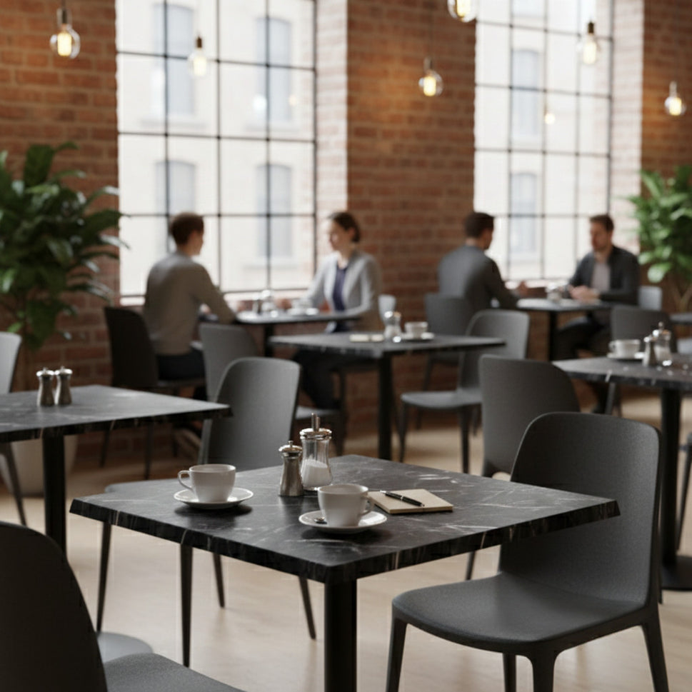 Commercial-Grade Indoor & Outdoor Table with Reinforced Stone-Composite Top: Black Marble-Like