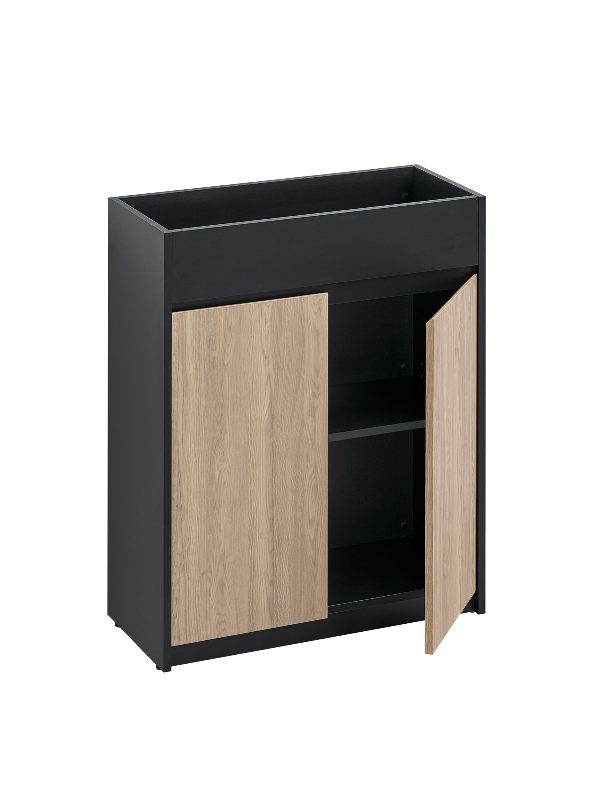 31.5" Modern Planter Cabinet – Black Frame with Natural Wood Panels