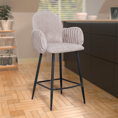 Modern Upholstered Bar Stool with Tufted Armrests and Metal Base