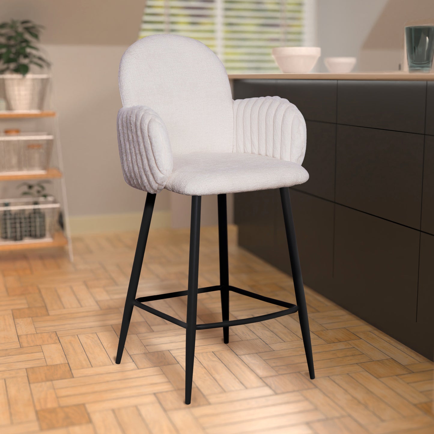 Modern Upholstered Bar Stool with Tufted Armrests and Metal Base