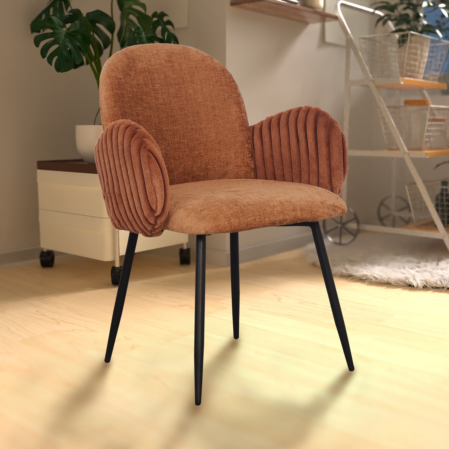 Modern Upholstered Dining Chair with Tufted Armrests and Metal Legs