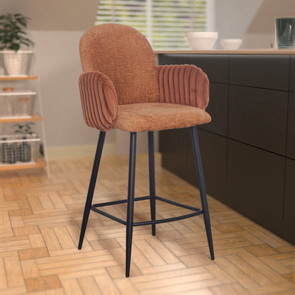 Modern Upholstered Bar Stool with Tufted Armrests and Metal Base