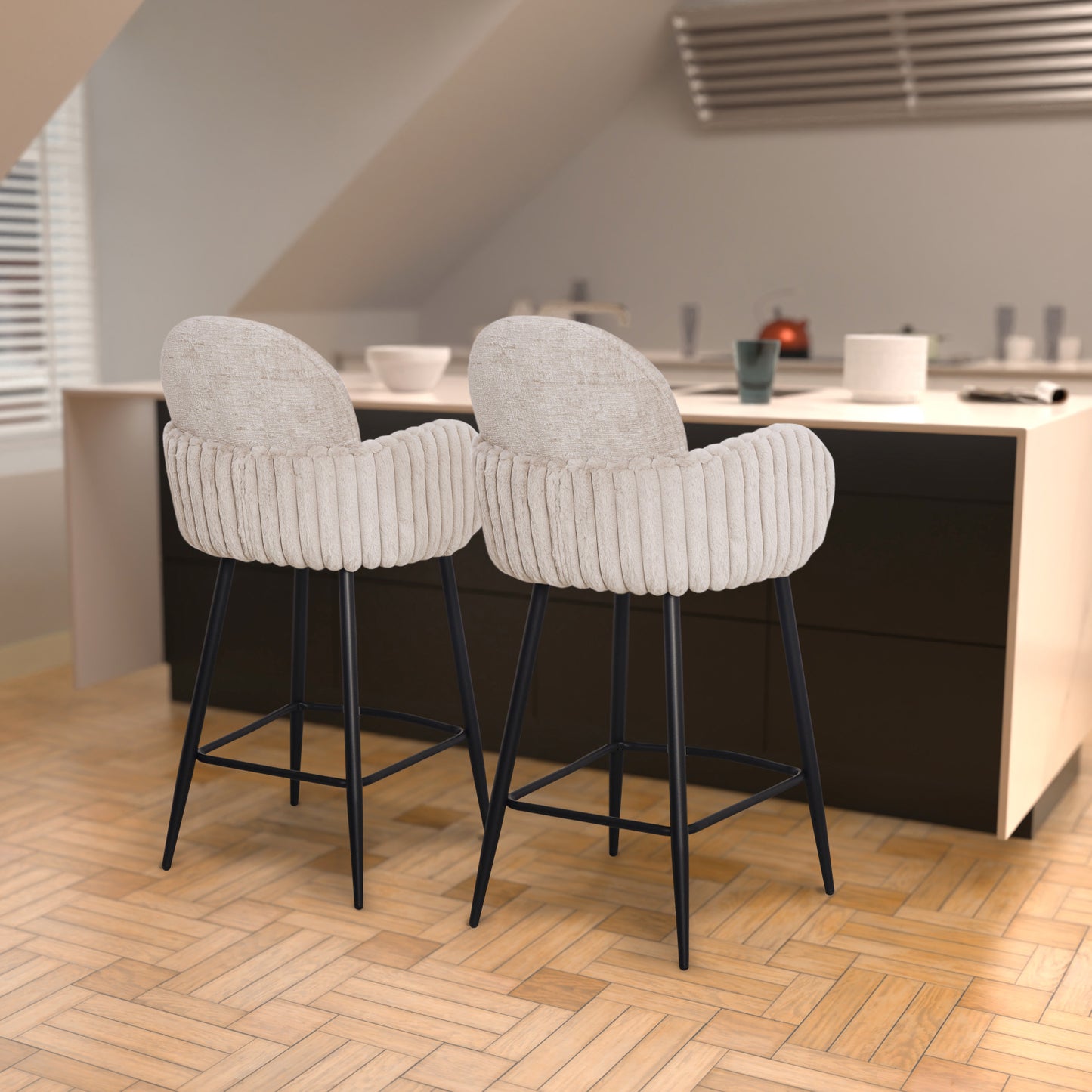 Modern Upholstered Bar Stool with Tufted Armrests and Metal Base