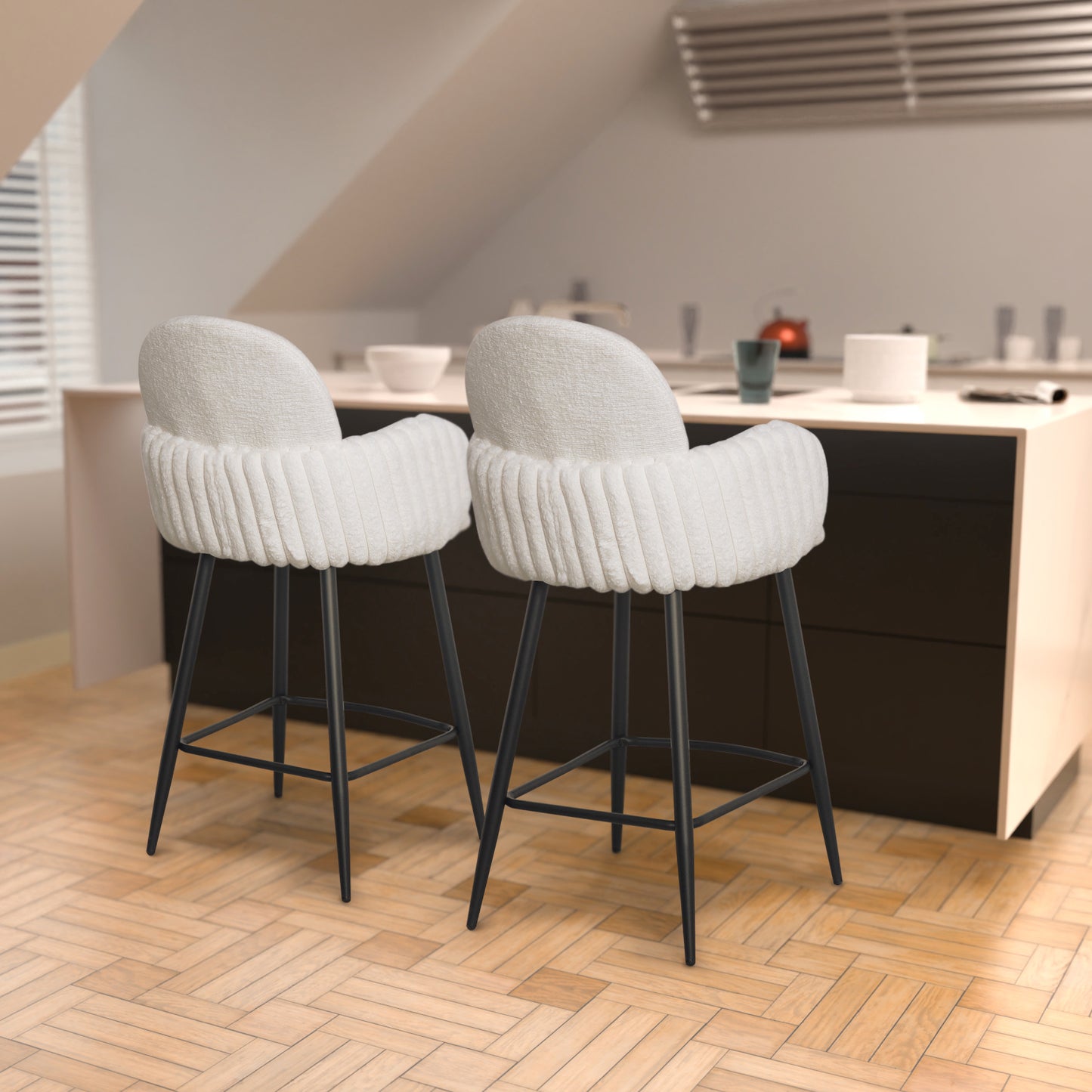 Set of 2 Modern Upholstered Bar Stool with Tufted Armrests and Metal Base