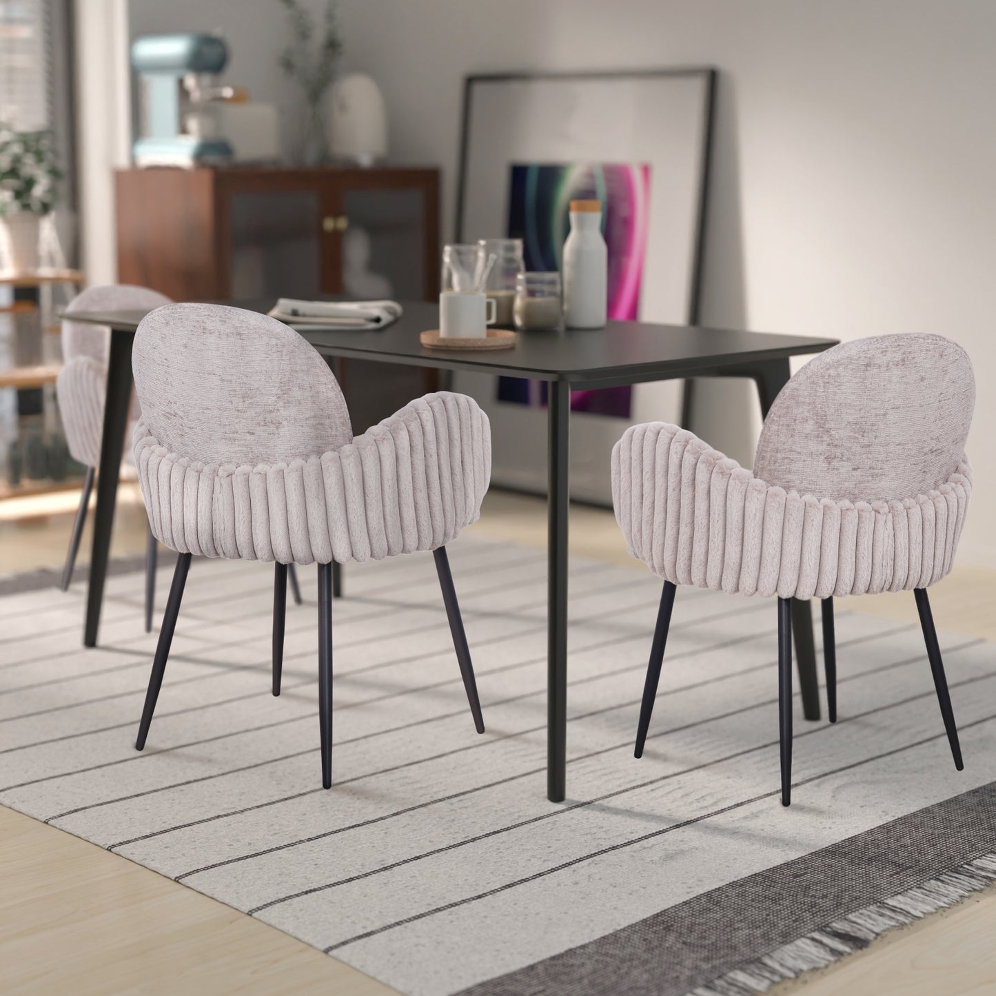 Modern Upholstered Dining Chair with Tufted Armrests and Metal Legs