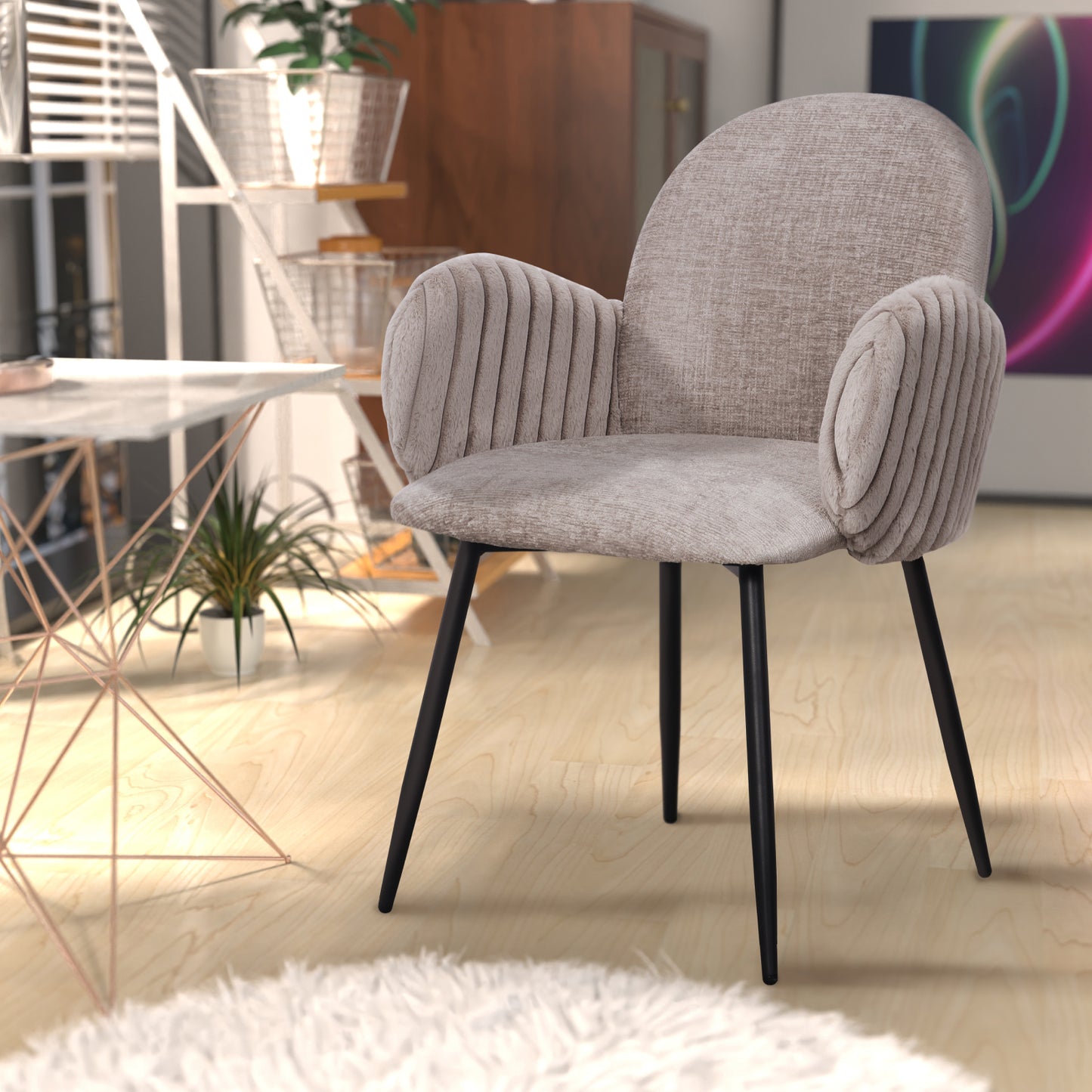 Modern Upholstered Dining Chair with Tufted Armrests and Metal Legs