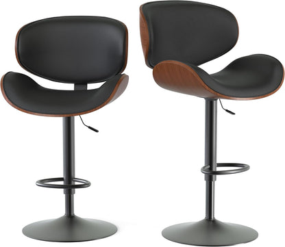 Set of 2 Curved Wood Bar Stools with Metal Base and PU Leather Upholstery, Silver and Black Metal Base Options