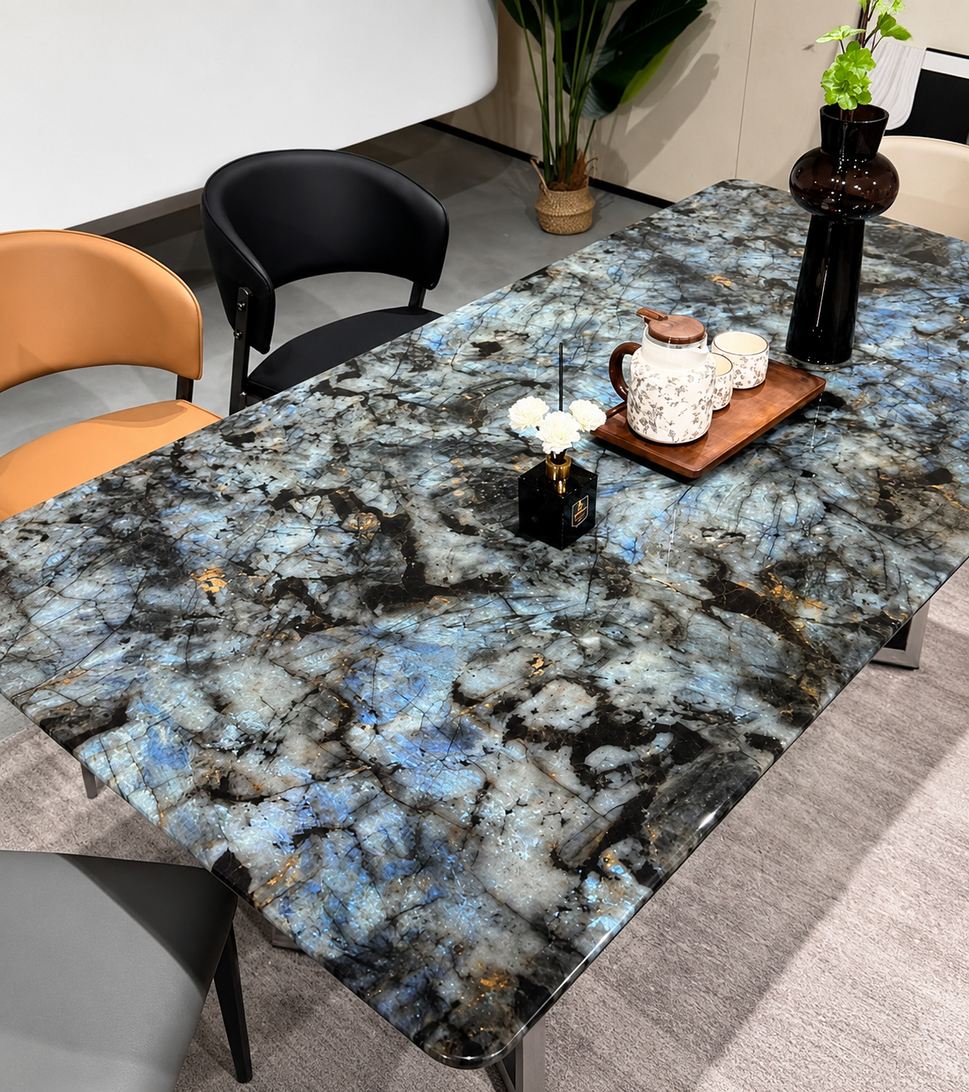 Amazon Blue Marble-Effect Dining Table – 160 x 90 cm Modern Rectangular Table