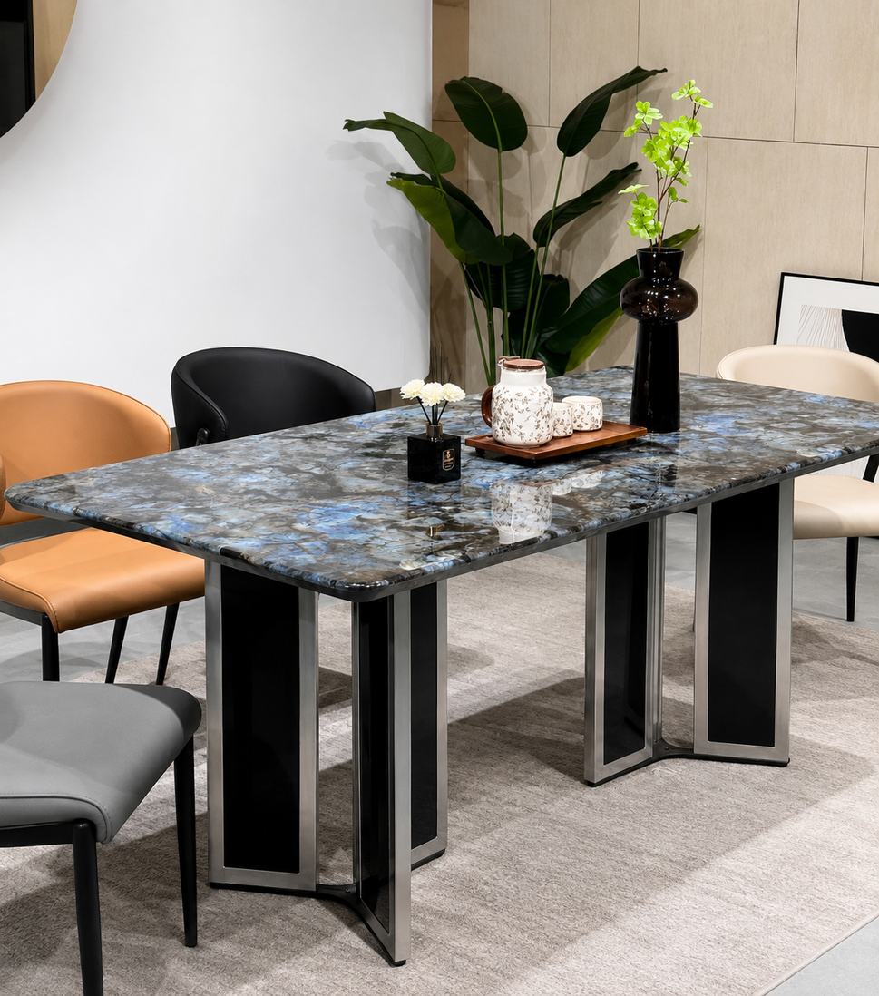 Amazon Blue Marble-Effect Dining Table – 160 x 90 cm Modern Rectangular Table