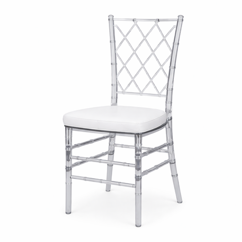 Clear chair with white cushion on a white background