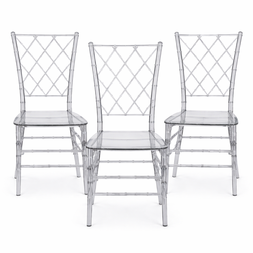 Three clear plastic chairs with lattice back design on a white background