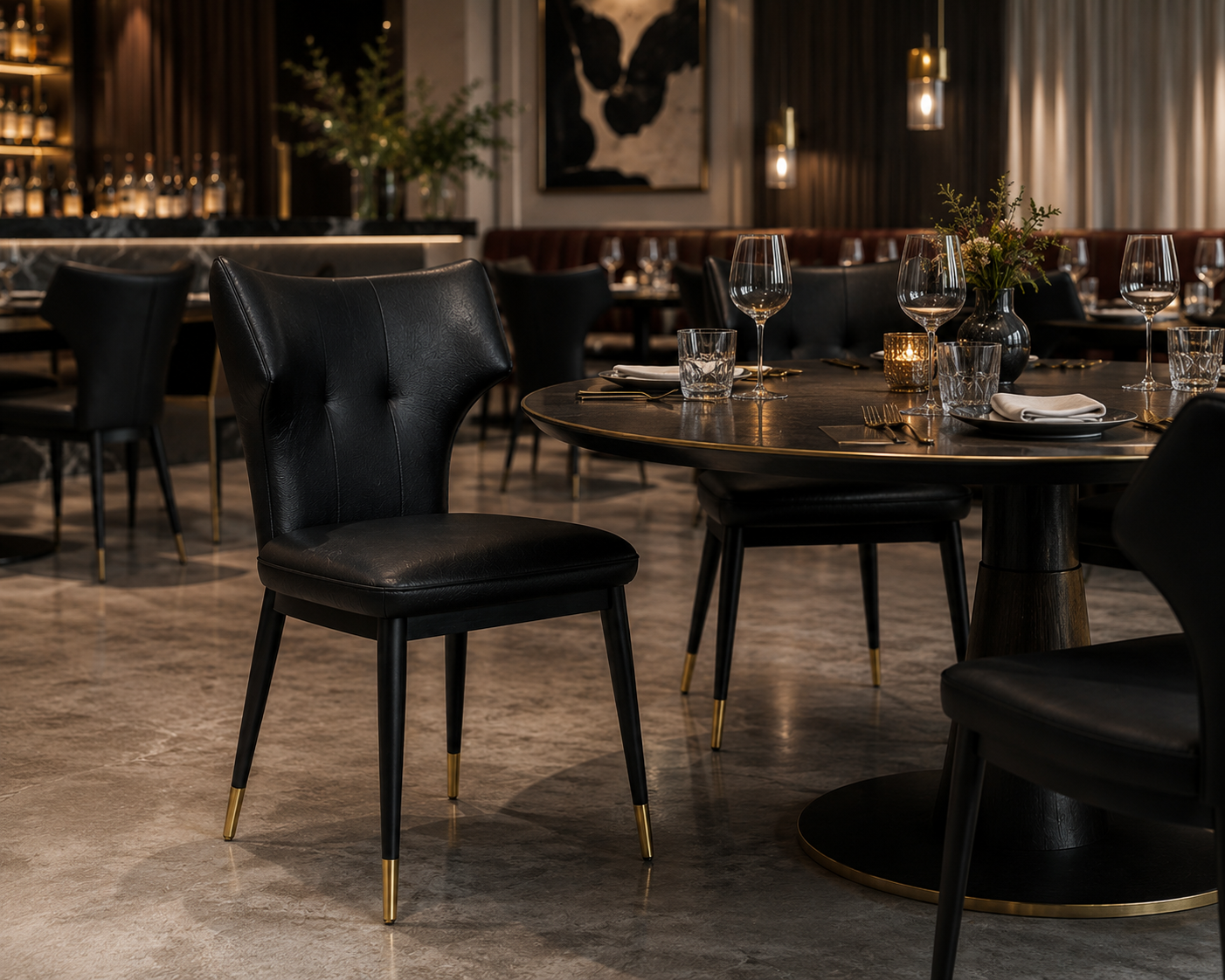 Contemporary Tufted Upholstered Dining Chair with Wingback Design & Gold-Capped Legs