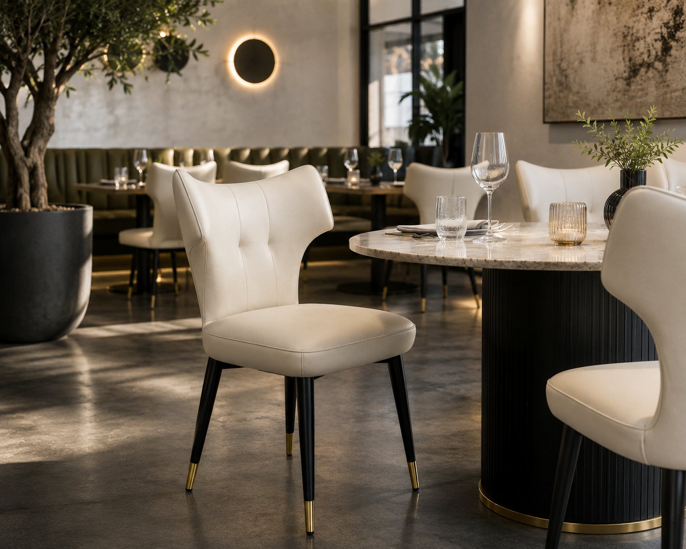 Contemporary Tufted Upholstered Dining Chair with Wingback Design & Gold-Capped Legs
