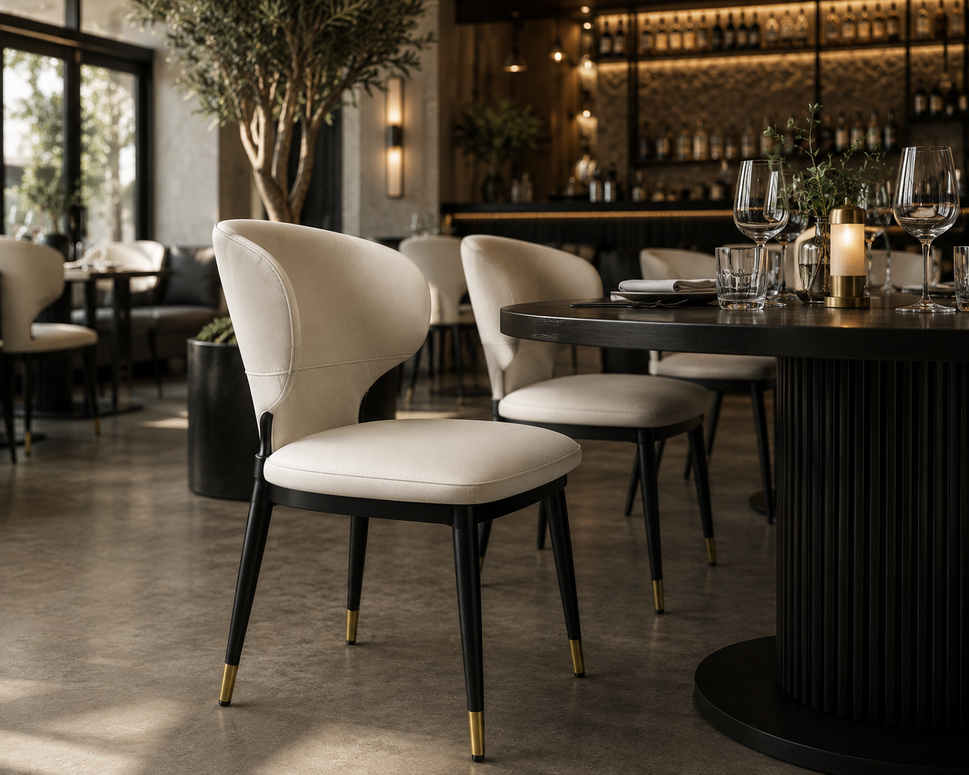 Contemporary Black Upholstered Barrel Dining Chair with Gold-Capped Legs