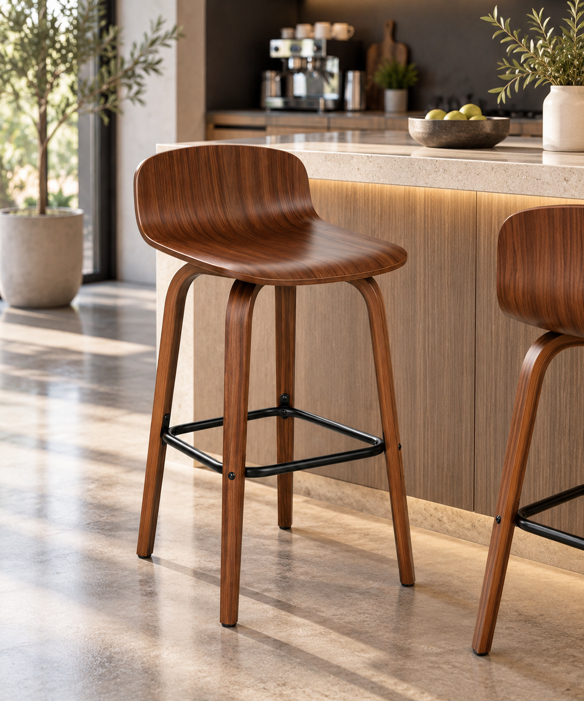 Set of 2 Modern Molded Wood Barstool with Metal Footrest – Natural Oak or Walnut