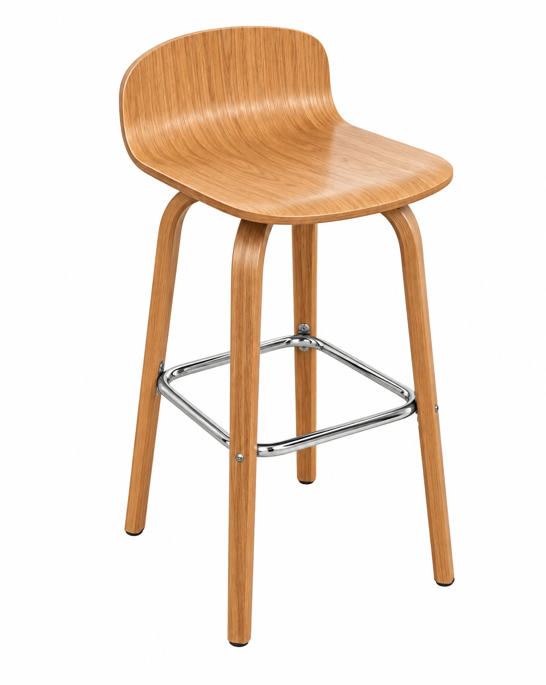 Set of 2 Modern Molded Wood Barstool with Metal Footrest – Natural Oak or Walnut