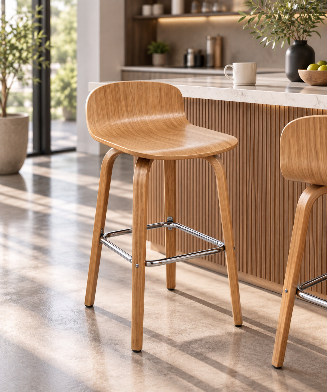 Set of 2 Modern Molded Wood Barstool with Metal Footrest – Natural Oak or Walnut